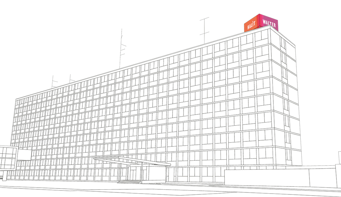 Gebäudeansicht des Regierungspräsidiums von unten mit dem Kunstwerk 86° (Walter Hait) auf dem Dach